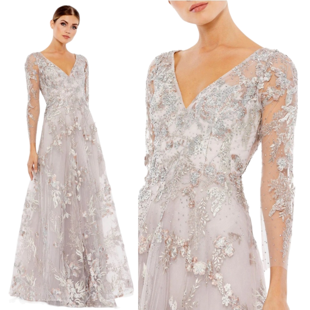 Mac Duggal $798 Size 16 Floral Appliqued Aline Rhinestone Vtg Lilac 20245 Dress